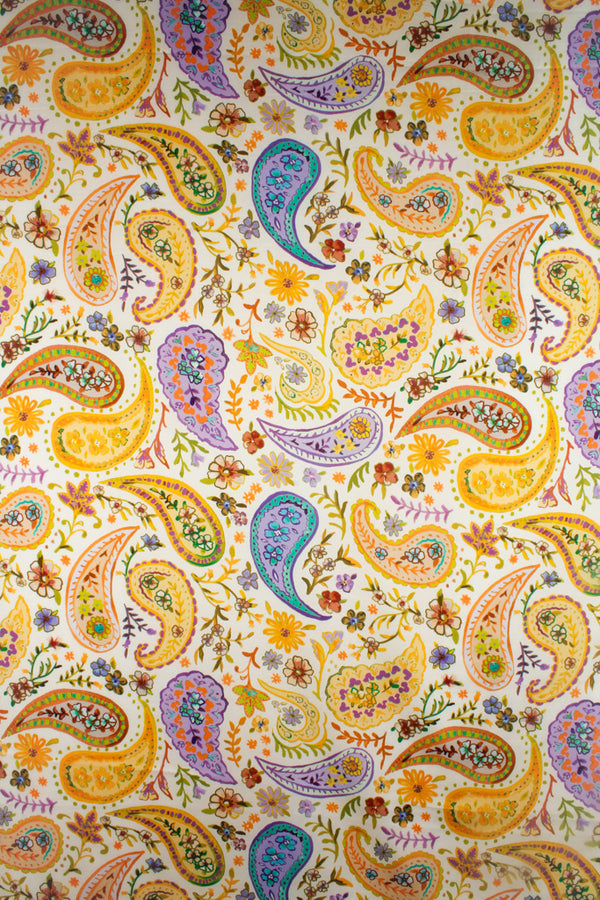 Printed Spanish Polyester Satin Charmeuse - Cream Paisley