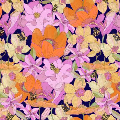 Printed Spanish Polyester Satin Twill - Butterfly Meadows Navy