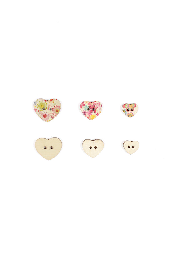 Wooden Buttons Pack - Floral Printed Hearts Small