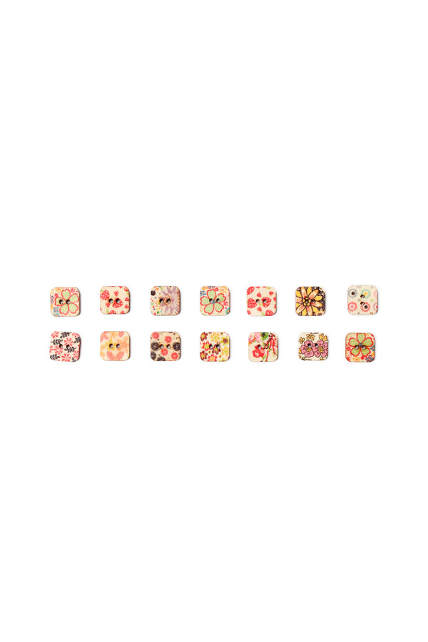 Wooden Buttons Pack - Floral Printed Squares